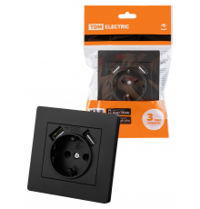 Розетка 2П+З 16А 250В + 2 USB порта 2,1А 5В черная "Сенеж" TDM