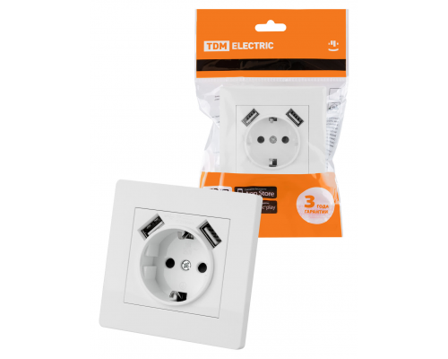 Розетка 2П+З 16А 250В + 2 USB порта 2,1А 5В белая "Сенеж" TDM Розетка 2П+З 16А 250В + 2 USB порта 2,1А 5В белая "Сенеж" TDM