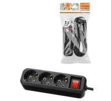 Удлинитель 3 гнезда, 1,5 метра, с/з, выкл., 10 А, 2300 Вт, черный, НАРОДНЫЙ У1-32055 (Ун1 321-0001)