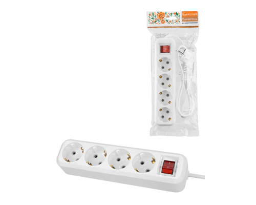 Удлинитель 4 гнезда, 3 метра, с/з, выкл., 10 А, 2300 Вт, белый, НАРОДНЫЙ У1-42056