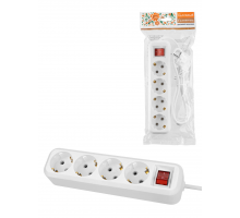 Удлинитель 4 гнезда, 1,5 метра, с/з, выкл., 10 А, 2300 Вт, белый, НАРОДНЫЙ У1-42056