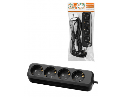 Удлинитель 4 гнезда, 5 метров, с/з, 10 А, 2300 Вт, черный, НАРОДНЫЙ У1-42050