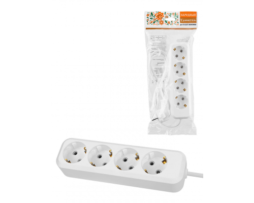 Удлинитель 4 гнезда, 5 метров, с/з, 10 А, 2300 Вт, белый, НАРОДНЫЙ У1-42050