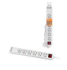 Удлинитель бытовой  У06В-USB 6 гнезд, 2USB 2,4А, 1,5 м, вык., з/к, ПВС 3х0,75мм2 10А/250В белый TDM