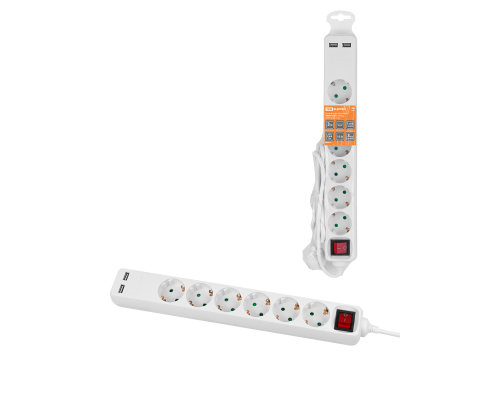 Удлинитель бытовой У06В-USB 6 гнезд, 2USB 2,4А, 3 м, вык., з/к, ПВС 3х0,75мм2 10А/250В белый TDM
