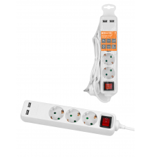 Удлинитель бытовой  У03В-USB 3 гнезда, 2USB 2,4А, 1,5 м, вык., з/к, ПВС 3х0,75мм2 10А/250В белый TDM