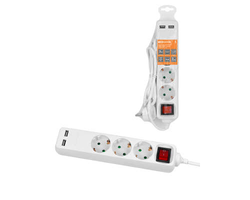 Удлинитель бытовой У03В-USB 3 гнезда, 2USB 2,4А, 3 м, вык., з/к, ПВС 3х0,75мм2 10А/250В белый TDM