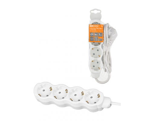 Удлинитель бытовой "Люкс" УЛ04 4 гнезда, 10м, с/з, с з/ш, ПВС 3х1мм2 16А/250В бело-серый TDM