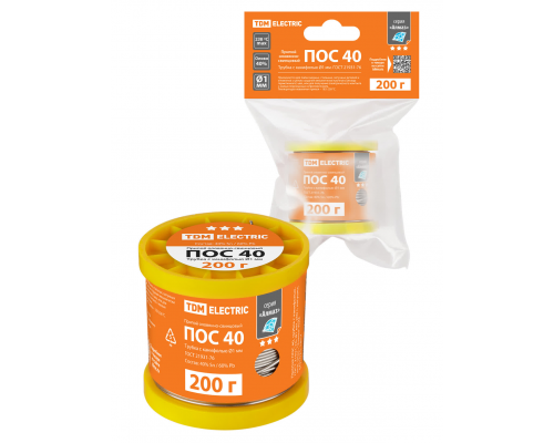 Припой ПОС 40, трубка с канифолью, ГОСТ 21931-76, Ø1 мм, 200 г, катушка, инд. упак., "Алмаз" TDM