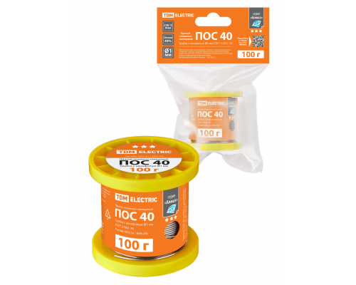 Припой ПОС 40, трубка с канифолью, ГОСТ 21931-76, Ø1 мм, 100 г, катушка, инд. упак., "Алмаз" TDM