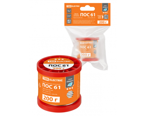 Припой ПОС 61, проволока, ГОСТ 21931-76, Ø2 мм, 200 г, катушка, инд. упак., "Алмаз" TDM