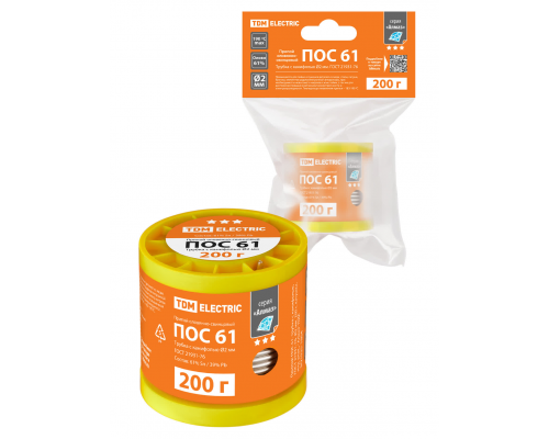 Припой ПОС 61, трубка с канифолью, ГОСТ 21931-76, Ø2 мм, 200 г, катушка, инд. упак., "Алмаз" TDM