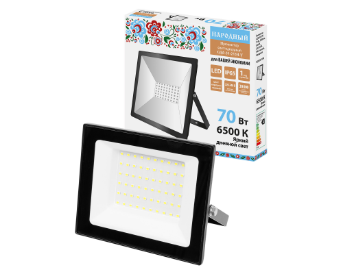 Прожектор СДО-05-070 70 Вт, 5600 лм, 6500 К, 220-240 В, IP65, черный, Народный