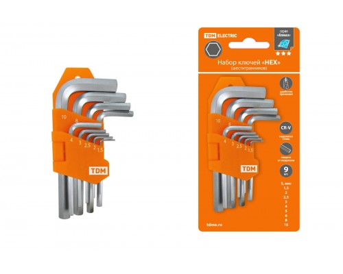 Набор ключей "HEX" 9 шт.: 1.5-10 мм, короткие, (держатель в блистере), CR-V сталь "Алмаз" TDM