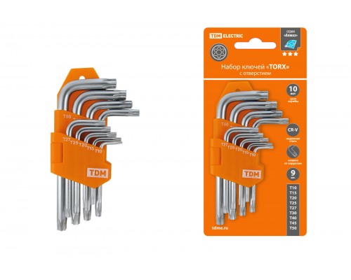 Набор ключей "TORX" с отверстием 9 шт: Т10-Т50 (держатель в блистере), CR-V сталь "Алмаз" TDM