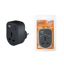 Адаптер универсальный поворотный  с/з 250В 16А + 2USB 2.1A черный TDM